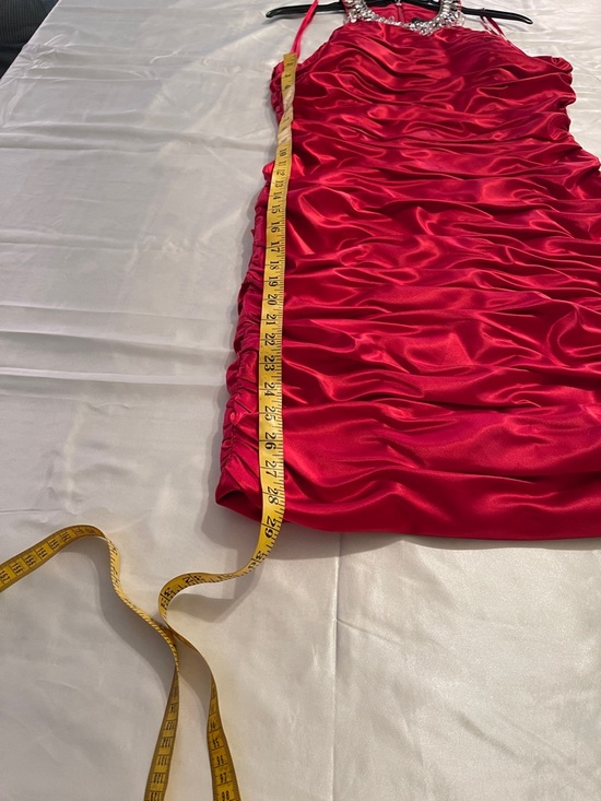 Cachet Red Ruched Satin Halter Dress with Jeweled Neckline
